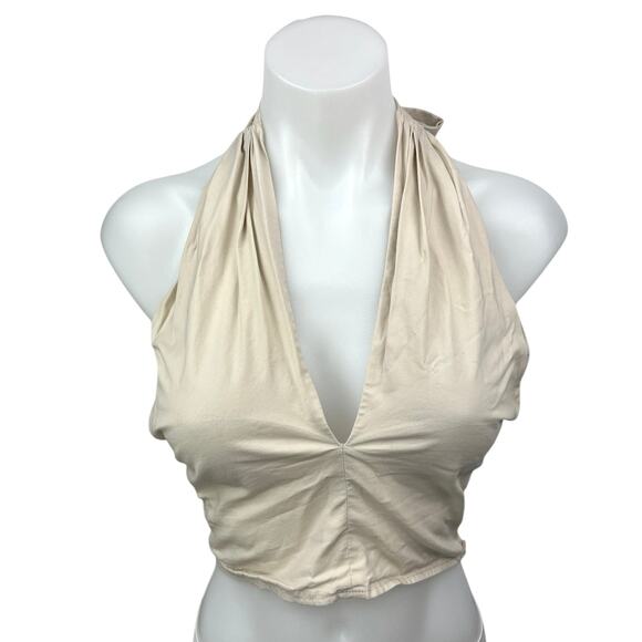 STAUD Beige Tan Halter Tie Cami Camisole V Neck Sleeveless Crop Tank Top Size 0 - Picture 1 of 7
